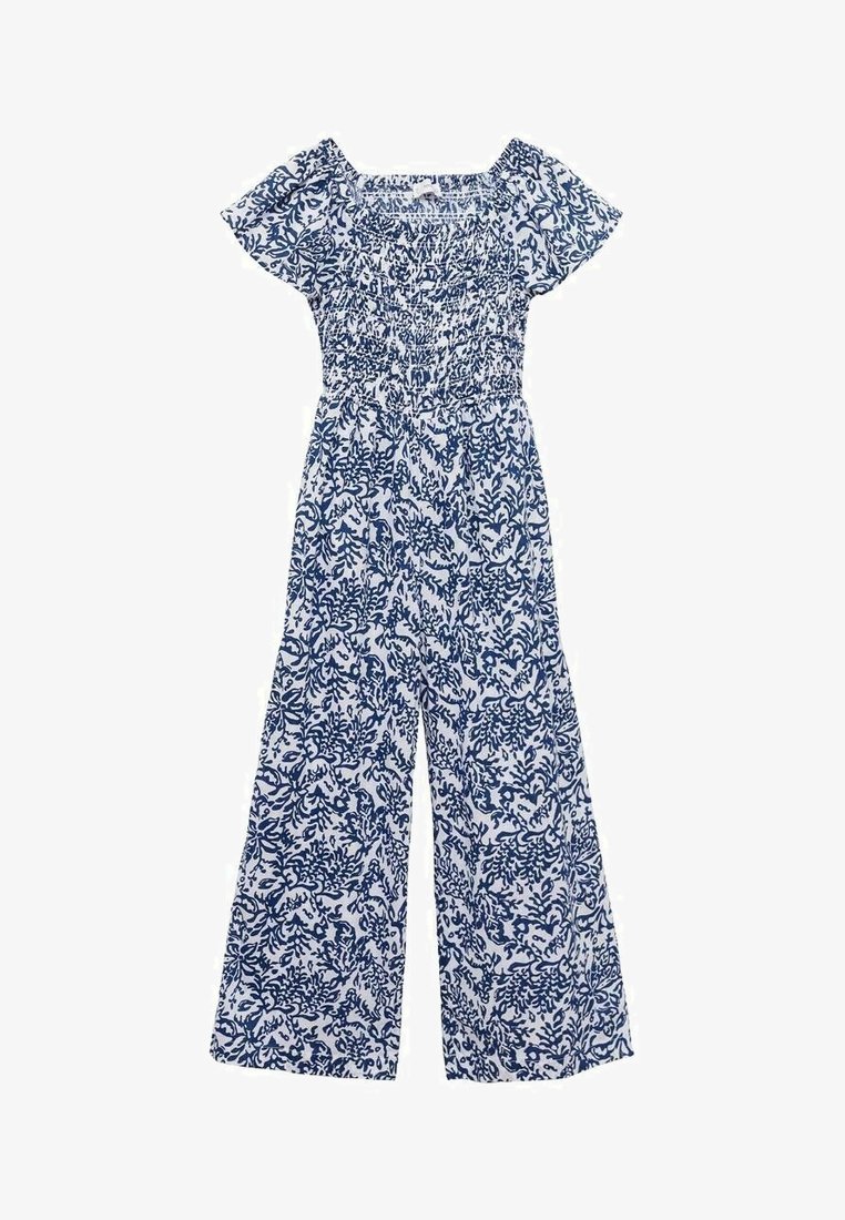 Combinaison à imprimé floral avec manches courtes, encolure carrée et corsage smocké. Fabriquée en tissu léger aux couleurs blanc et bleu foncé.