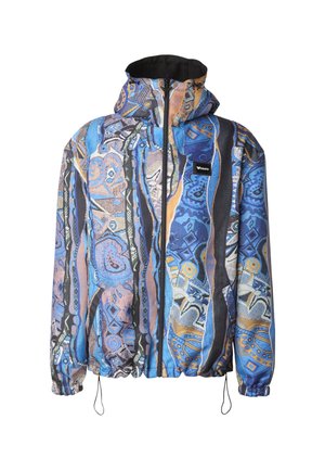 Mehrfarbige Kapuzenjacke mit abstrakten blauen, orangefarbenen und schwarzen Mustern, Reißverschluss vorne, elastischen Bündchen und verstellbaren Kordeln am Saum.