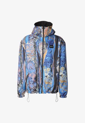 Veste à capuche multicolore avec motifs abstraits bleu, orange et noir, fermeture éclair à l'avant, poignets élastiques et cordons ajustables à l'ourlet.
