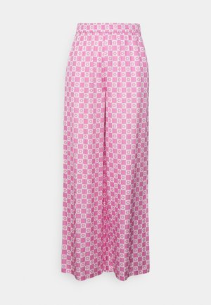 Wide-leg pants with pink and white checkered pattern featuring small flower designs, elastic waistband, and relaxed fit.