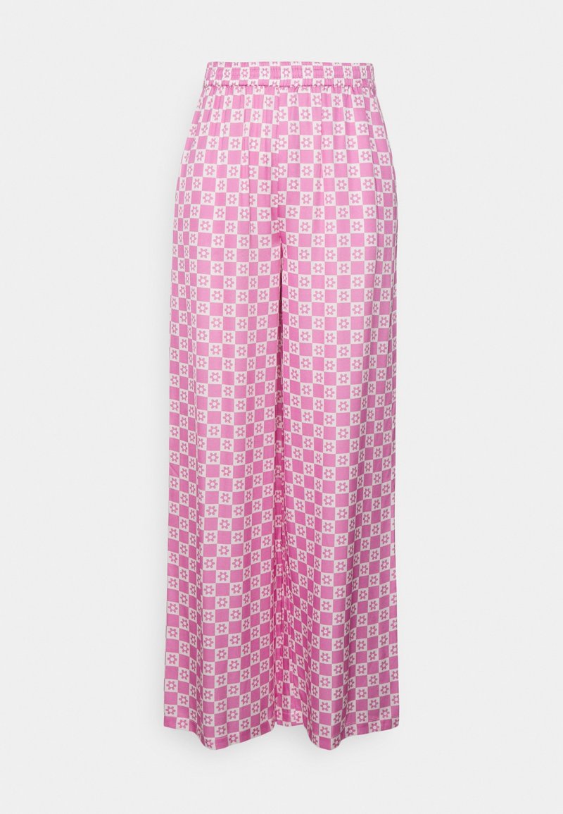 Pantalon à jambes larges avec motif à carreaux roses et blancs orné de petits motifs floraux, taille élastique et coupe décontractée.