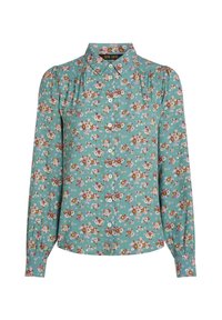 Türkise Hemdbluse mit Blumenmuster, die rosa, gelbe und weiße Blumen zeigt. Lange Ärmel mit gerafften Schultern. Weicher Stoff.