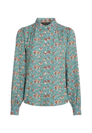 Türkise Hemdbluse mit Blumenmuster, die rosa, gelbe und weiße Blumen zeigt. Lange Ärmel mit gerafften Schultern. Weicher Stoff.