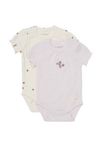 Zwei Kurzarm-Bodysuits: einer in Creme mit braunen Punkten und Muschel-Motiv, der andere in Lavendel mit einem Seepferdchen-Design. Beide haben Druckknopfverschlüsse.
