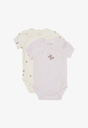 Zwei Kurzarm-Bodysuits: einer in Creme mit braunen Punkten und Muschel-Motiv, der andere in Lavendel mit einem Seepferdchen-Design. Beide haben Druckknopfverschlüsse.