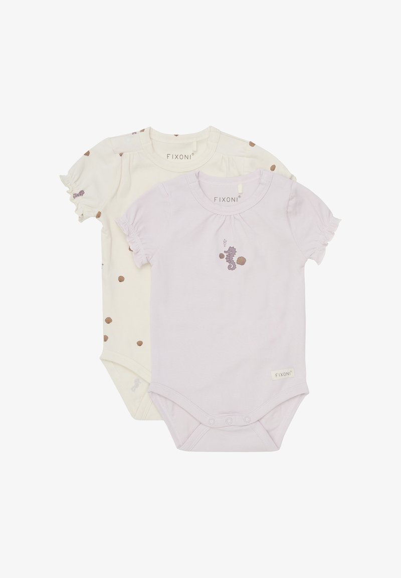Twee korte mouw bodysuits: één crème met bruine stippen en schelpmotief, één lavendel met een zeepaardjesontwerp. Beide hebben drukknoopsluitingen.