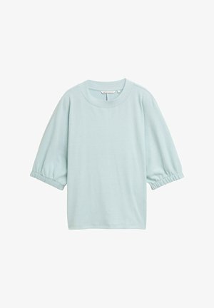 Camiseta azul claro de manga corta, fabricada en un tejido suave, con un escote redondo y puños fruncidos para un ajuste relajado.