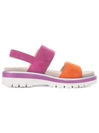 Open-toe sandal with a pink strap around the ankle and an orange front strap, featuring a thick white sole with a purple stripe.