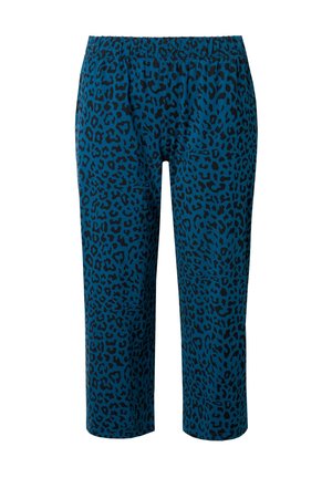 Pantalones de estampado de leopardo azul con corte relajado, cinturilla elástica y longitud recortada. Hechos de una tela suave con una textura lisa.