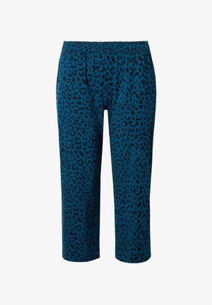 Pantalones de estampado de leopardo azul con corte relajado, cinturilla elástica y longitud recortada. Hechos de una tela suave con una textura lisa.