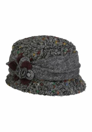 Gray textured wool hat with multicolored specks, a folded band around the crown, and a decorative wool flower on the side.
