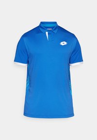 Blue polo shirt with white collar and accents, featuring a geometric pattern on the sides. Made from lightweight, smooth fabric.