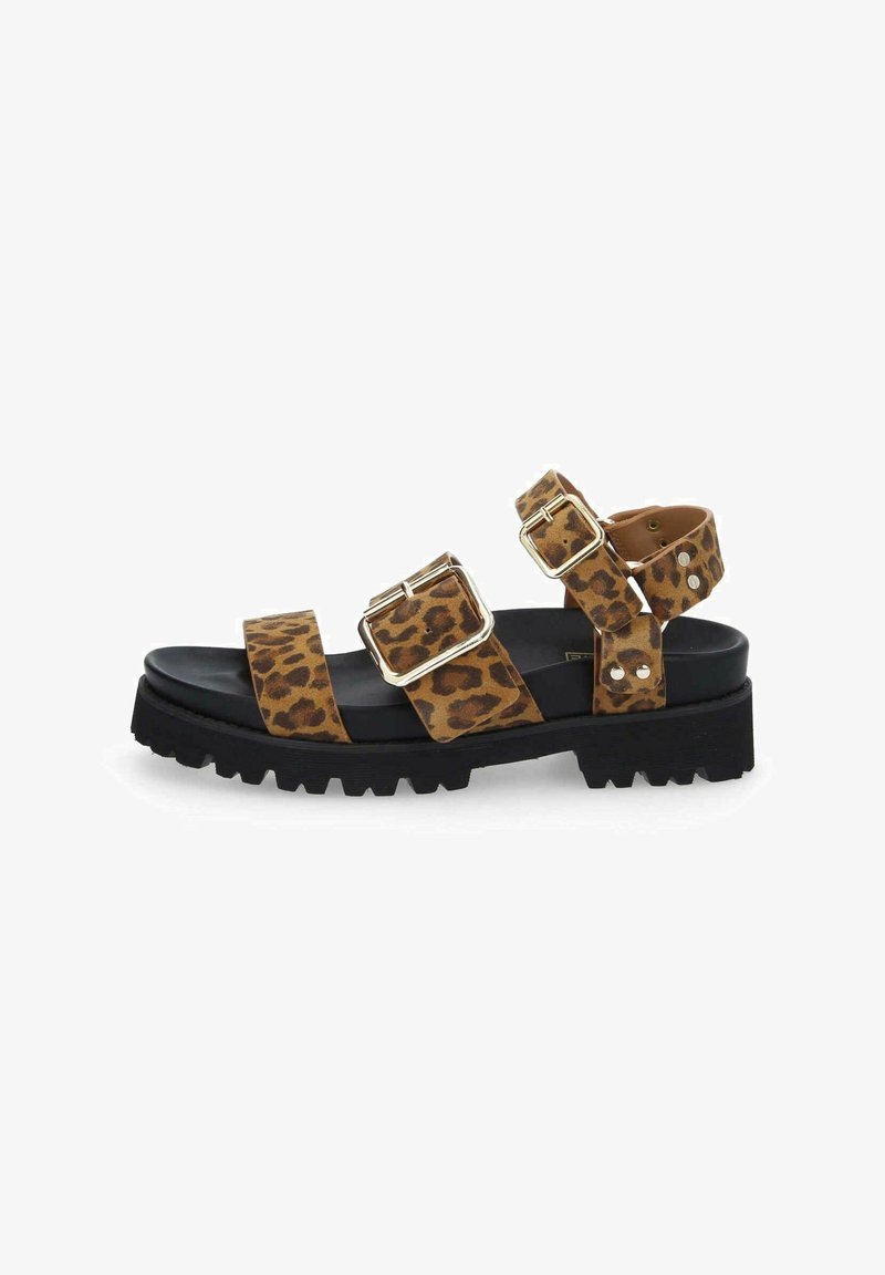 Leopard print sandals with two wide straps featuring gold buckles, a textured black sole, and a chunky platform design.