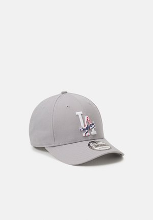 Gray baseball cap with curved brim, featuring embroidered "LA Dodgers" logo in white and red. Material is soft, textured fabric.