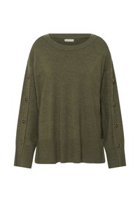 Suéter de punto verde oliva con mangas largas, escote redondo y detalles de botones en la manga. Textura suave y corte relajado.