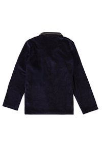 Camicia lunga in velluto blu navy con colletto e rifiniture dorate. Tessuto morbido, colore uniforme e senza bottoni o motivi visibili.