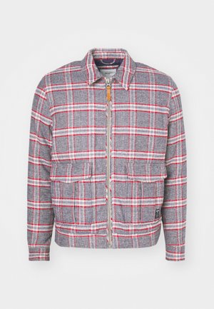 Grau-rot kariertes Jackett mit Reißverschluss, zwei Vorderaschen und einem schlichten Kragen. Aus einem strukturierten Stoff gefertigt. Lässiges Design.