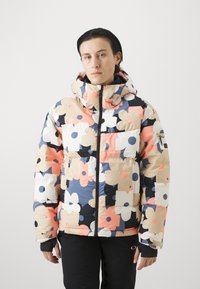 Vadderad jacka med ett heltäckande blommönster i marinblått, beige, persika och vitt. Har en huva och framdragkedja. Slät textur.