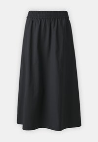 Jupe noire longueur genou avec taille élastique froncée et silhouette simple en ligne A sur fond uni.