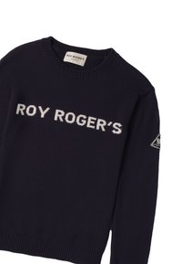 Pullover lavorato a maglia blu navy con la scritta bianca "ROY ROGER'S" sul davanti e una toppa triangolare con il logo sulla manica.