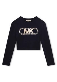 Långärmad, kort sweatshirt i marinblå bomull med en metallisk logotypaccent omgiven av ett dekorerat mönster av silverkedjor.