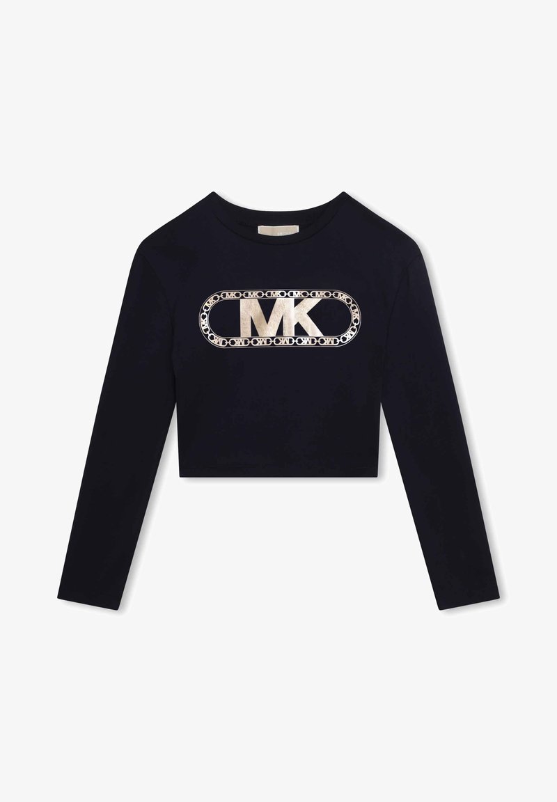 Felpa corta a maniche lunghe in cotone navy con un accento in logo metallico circondato da un motivo decorativo di catena argentata.