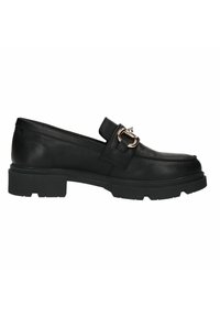 Zwarteleren loafers met een stevige rubberen zool, voorzien van een decoratieve metalen gesp op de band en een gladde afwerking.