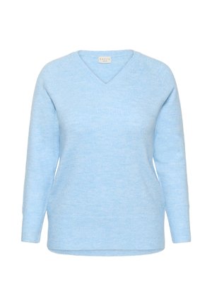 Hellblaues V-Ausschnitt-Pullover aus weichem, strukturiertem Stoff. Mit langen Ärmeln und einem leicht lockeren Schnitt, mit gerippten Bündchen und Saum.