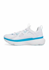 White athletic sneakers with blue accents, mesh upper, textured sole, and logo detailing on the side, featuring a cushioned, chunky design.