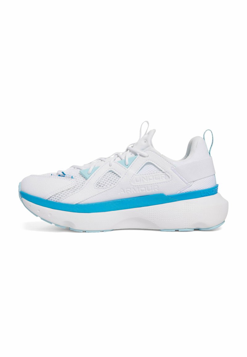 White athletic sneakers with blue accents, mesh upper, textured sole, and logo detailing on the side, featuring a cushioned, chunky design.