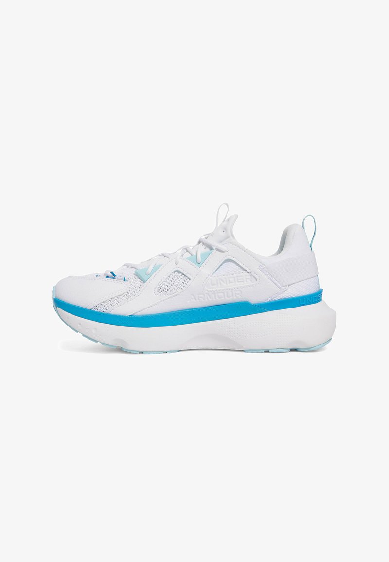 White athletic sneakers with blue accents, mesh upper, textured sole, and logo detailing on the side, featuring a cushioned, chunky design.
