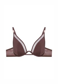 Bra in Braun aus glattem Stoff, mit transparenten Einsätzen und dreieckiger Form. Er hat verstellbare Träger und roségoldene Akzente.