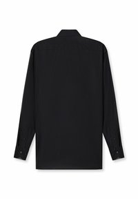 Black long-sleeve dress shirt shown from back, featuring buttoned cuffs and a classic collar on a white background.