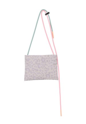 Light gray leopard print fabric pouch with pastel green and pink adjustable strap attached by black clip.