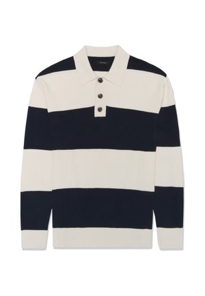 Langärmliges, geripptes Poloshirt mit breiten, horizontalen Navyblau- und weißen Streifen und drei dunklen Knöpfen auf der Knopfleiste.