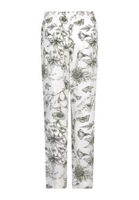 Witte broek met een bloemenpatroon in het groen, met verschillende bloemen en vlinders, elastische tailleband en een losse pasvorm.