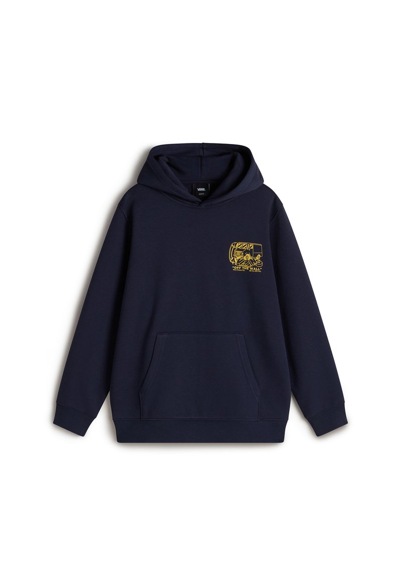 Marineblå hoodie i mjukt material, med en framfickan i kangoorustil och en gul grafisk design på vänster bröst.