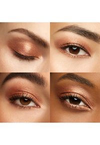 Vier close-up beelden van ogen met glanzende koperen oogschaduw, gedefinieerde wimpers en goed verzorgde wenkbrauwen. Verschillende huidtinten worden getoond.