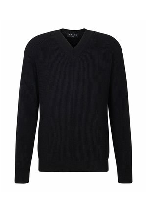 Schwarzer Strickpullover mit V-Ausschnitt, langen Ärmeln und gerippter Struktur. Verfügt über ein Etikett mit dem "FALKE"-Logo am Kragen.