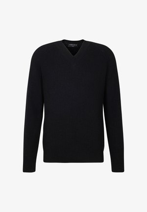 Schwarzer Strickpullover mit V-Ausschnitt, langen Ärmeln und gerippter Struktur. Verfügt über ein Etikett mit dem "FALKE"-Logo am Kragen.
