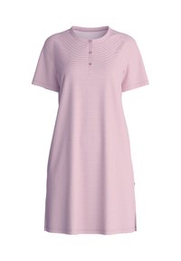 Abito t-shirt in cotone rosa con scollo rotondo, maniche corte, patta con tre bottoni e motivo a righe orizzontali. Fessure laterali per maggiore comfort.