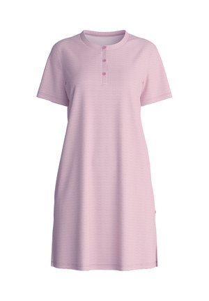 Pink cotton t-shirt dress with a round neck, short sleeves, three-button placket, and horizontal striping pattern. Side slits for comfort.