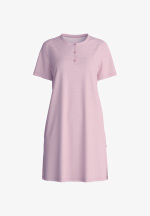 Robe t-shirt en coton rose avec un col rond, des manches courtes, une patte de boutonnage à trois boutons et un motif rayé horizontal. Fentes sur les côtés pour plus de confort.