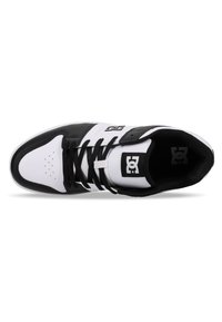 Black and white skate shoes with a smooth leather upper, perforated toe, and black laces. Features the DC logo on the side.