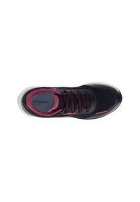 Black athletic shoe with pink accents, mesh upper, padded collar, and lace-up design. Features "Air Memory Foam" label on insole.
