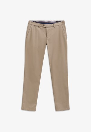 Men's beige slim-fit trousers with button and zipper closure, side pockets, and belt loops, displayed on a white background.