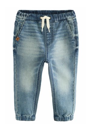 Jeans-Jogginghose in Hellblau mit elastischem Bund, Kordelzugverschluss, zwei Seitentaschen und elastischen Bündchen.