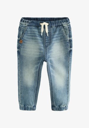 Denim jogger hlače v svetlo modri barvi z elastičnim pasom, zadeva za zategovanje, dvema stranskima žepoma in elastičnimi manšeti.