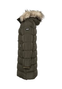 Olivengrøn, lang dunjakke med pelsforet hætte, quiltet design, lynlåslomme i siden og Schott-logo på brystet.