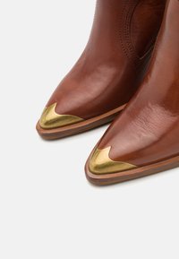 Bruine leren enkellaarzen met spitse neuzen, voorzien van gouden metalen accenten op de neusstukken en subtiele stikdetails.